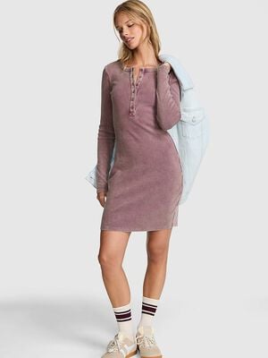 Vintage Ribbed Henley Long-Sleeve Dress