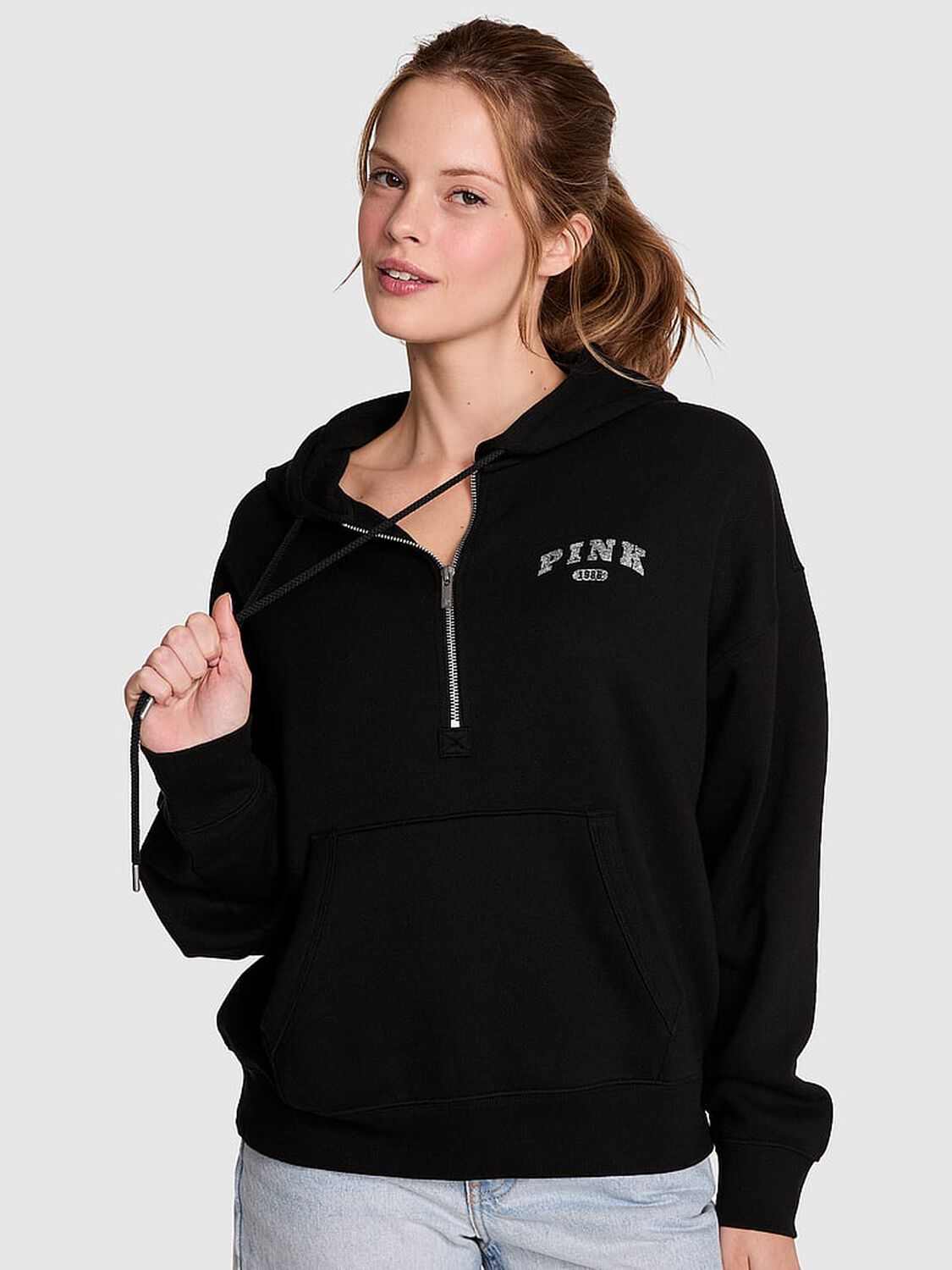 vs Pink Ivy Fleece Campus Half-Zip Hoodie Pure Black 1 of 3 