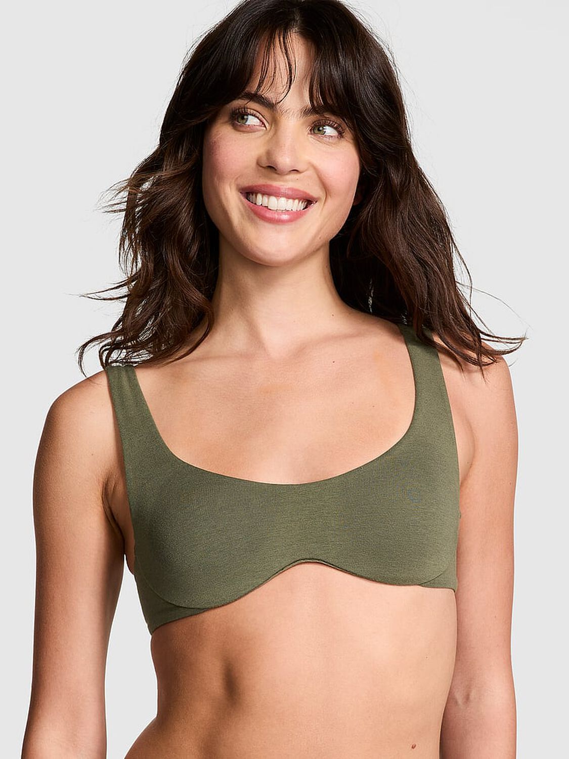 vs Pink Bralettes & Bra Tops Base Cotton Unlined Scoop Bra Casual New Olive 1 of 3 