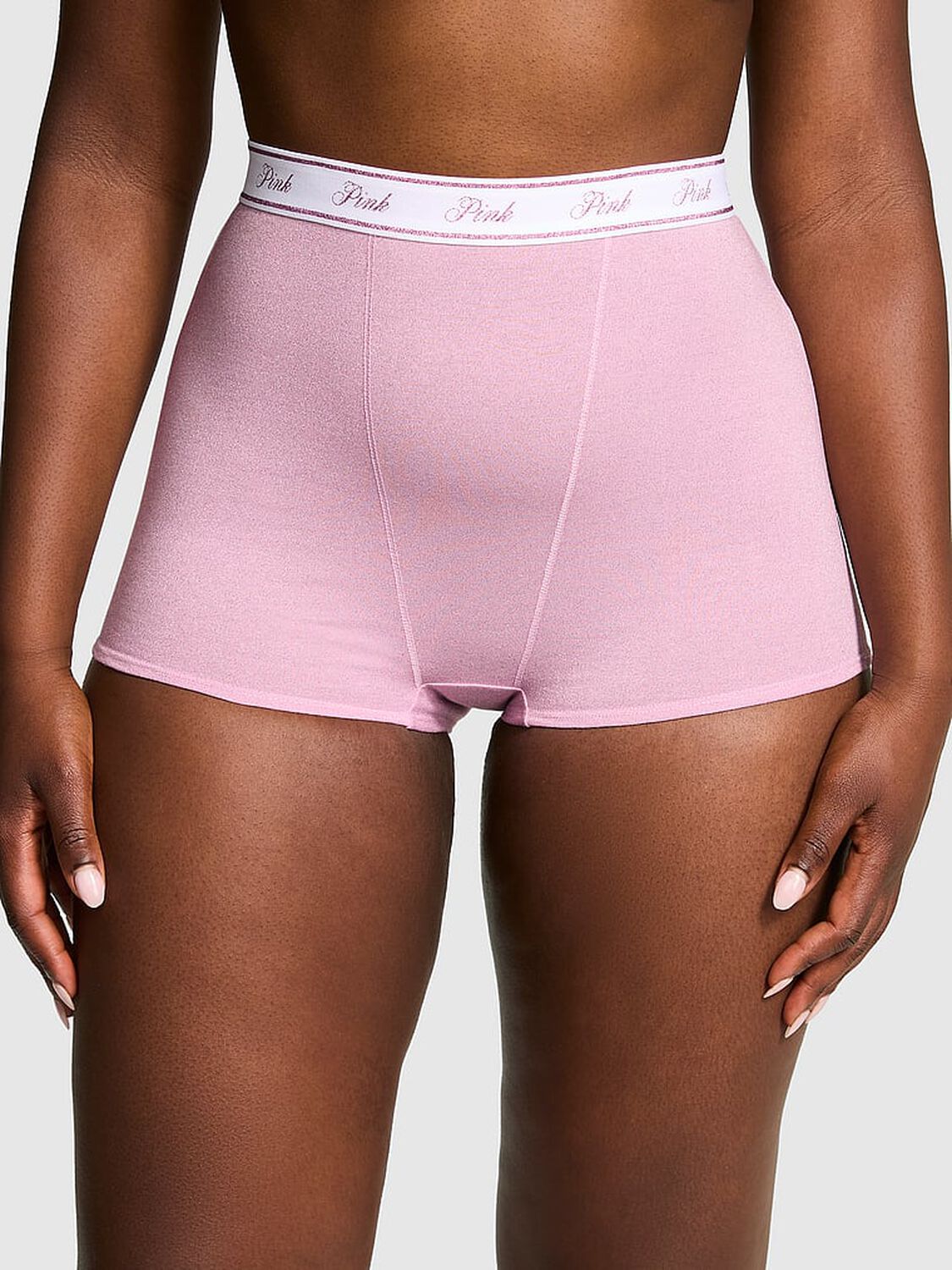 vs Pink Logo Cotton Shimmer High-Waist Boyshort Panty Petal Pink 1 of 4 