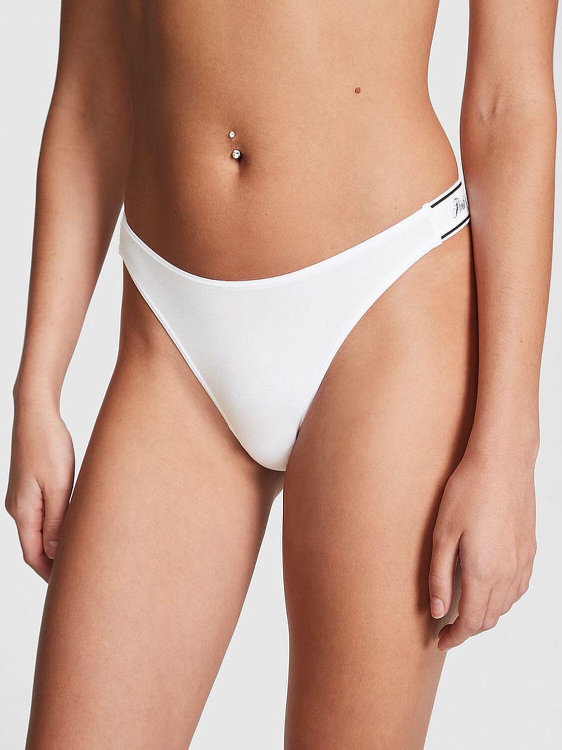 vs Pink Logo Cotton Shine High-Leg Thong Panty Vs White 1 of 3 