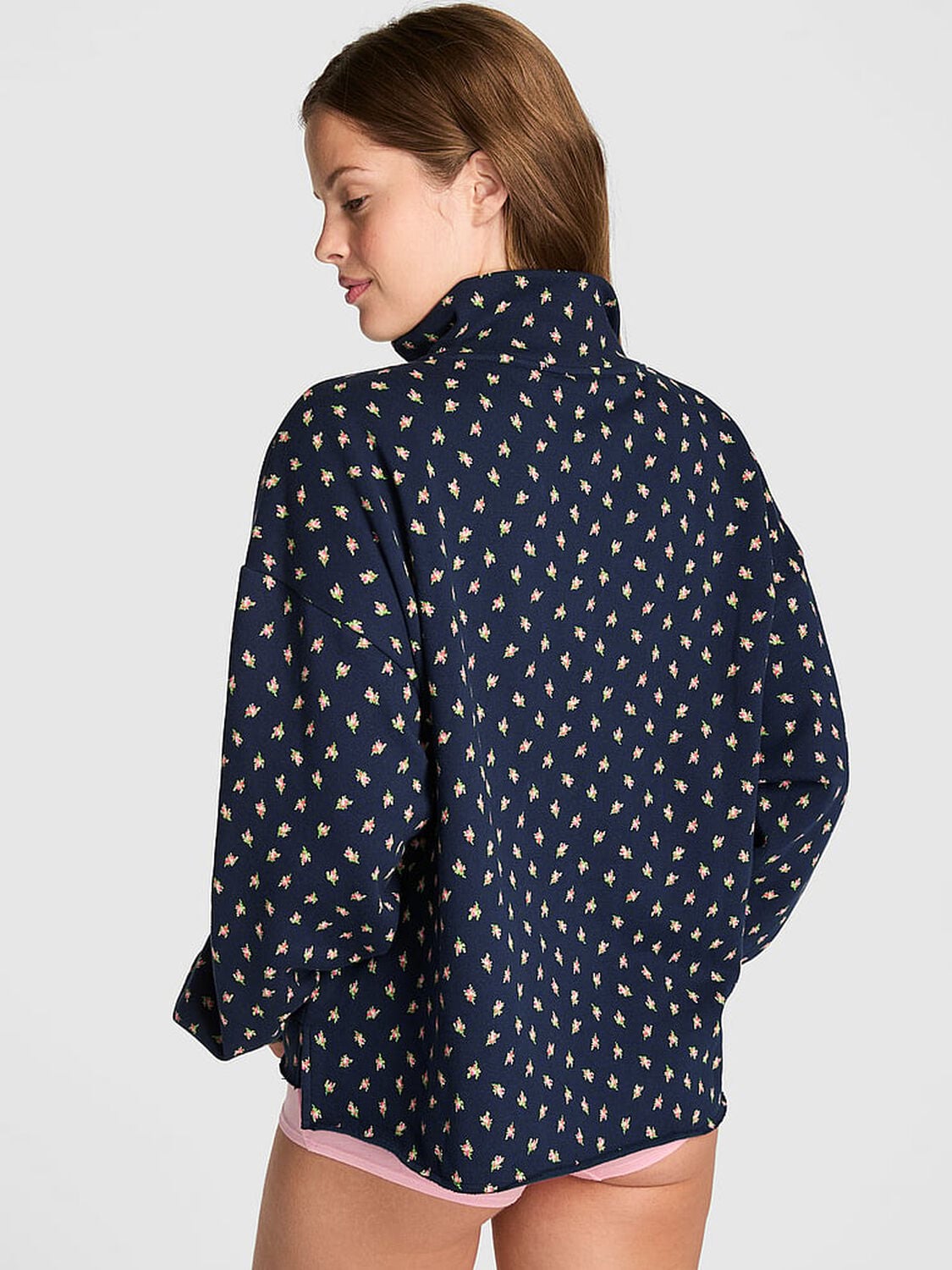 vs Pink Campus Fleece&trade; Quarter-Zip Straight-Cut Sweatshirt Noir Navy Fresh Florals 2 of 4 
