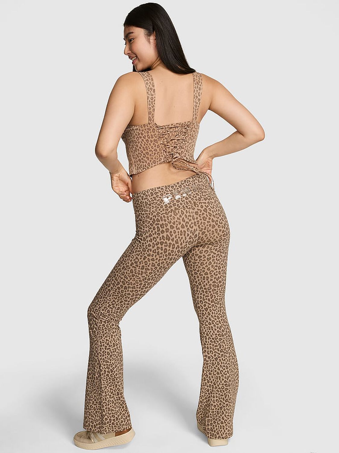 vs Pink All-Day Cotton Foldover Flare Leggings Natural Leopard Foil 2 of 3 