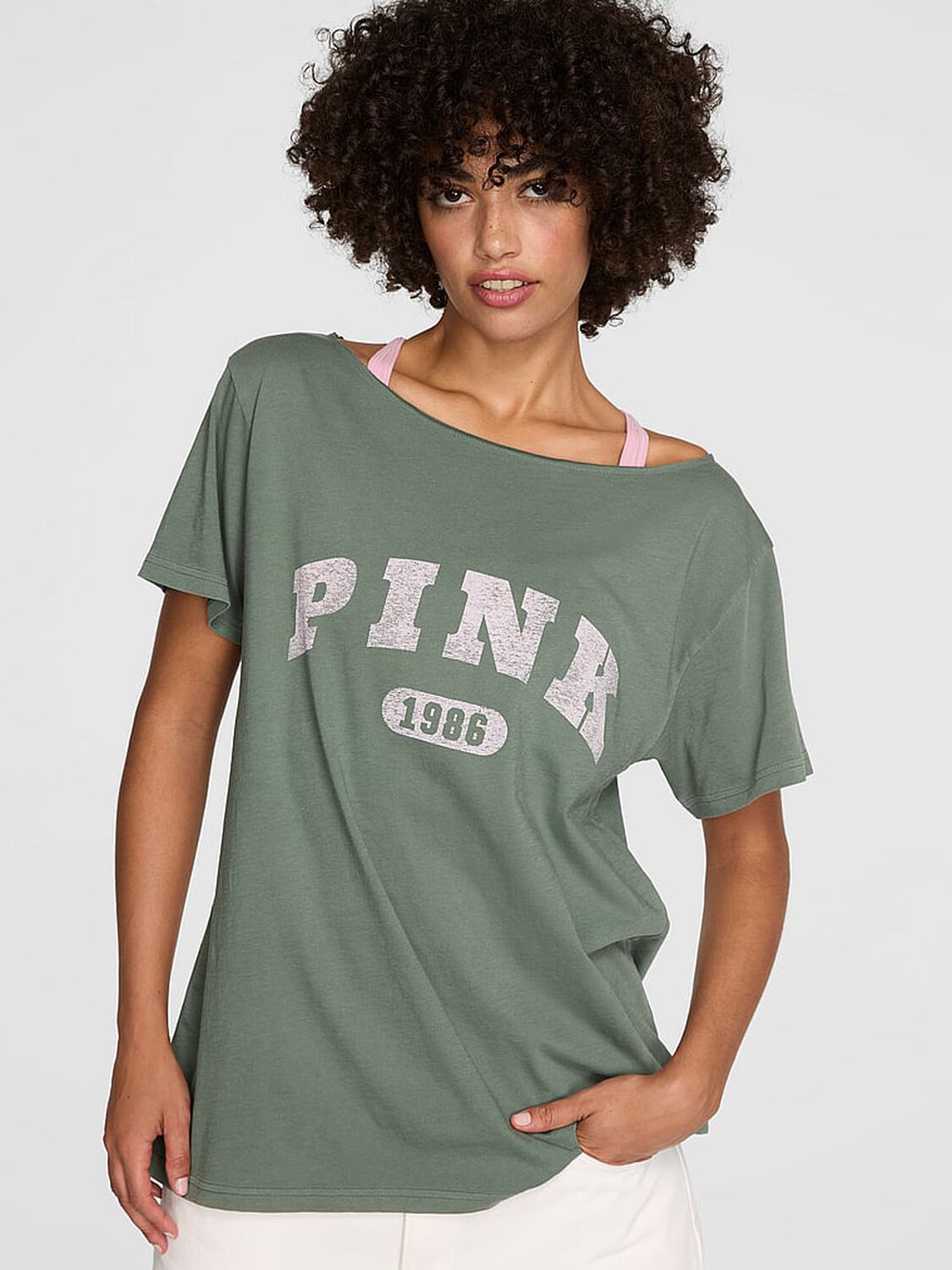 vs Pink Campus Cotton Slouchy Tee Wild Thyme Core Logo 1 of 3 