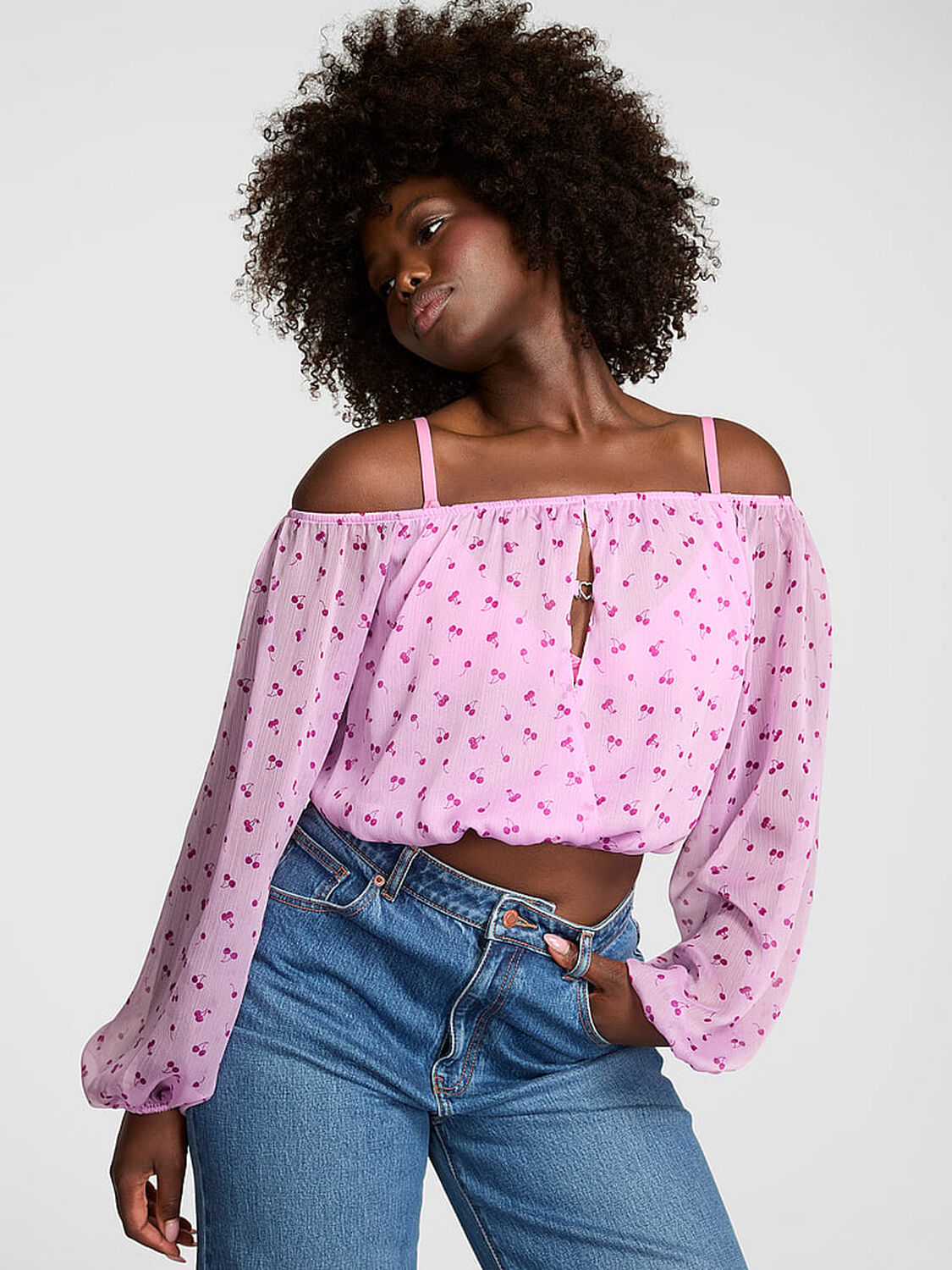 vs Pink Chiffon Long-Sleeve Off-The-Shoulder Top Cherry Print 1 of 4 