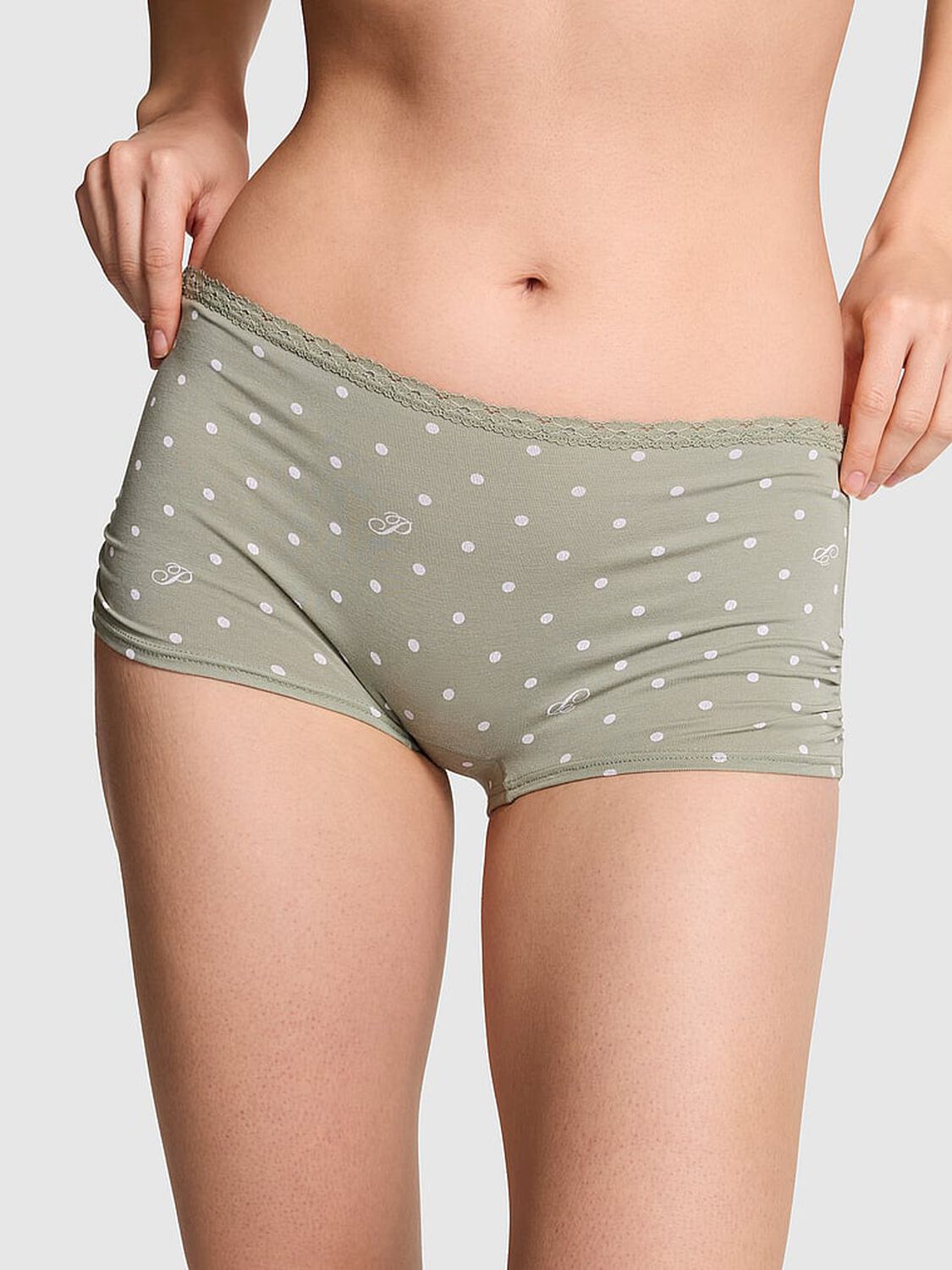 vs Pink Cotton Dorm Boyshort Panty Slate Green Dot "P" 1 of 3 