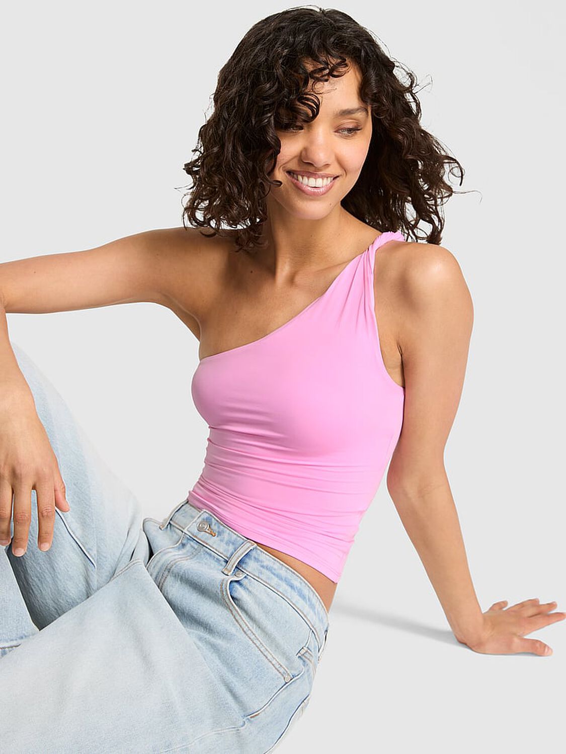 vs Pink Base Stretch Twisted One-Shoulder Tank Top Pink Lollipop 1 of 3 