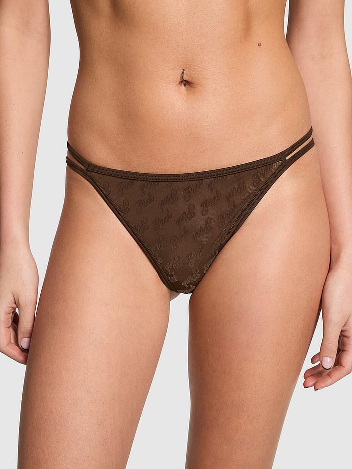 vs Pink Logo Mesh Strappy Thong Panty Ganache 1 of 3 