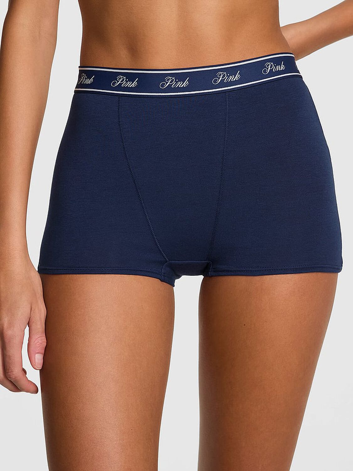 vs Pink Logo Cotton High-Waist Boyshort Panty Midnight Navy Pink Rink 1 of 3 