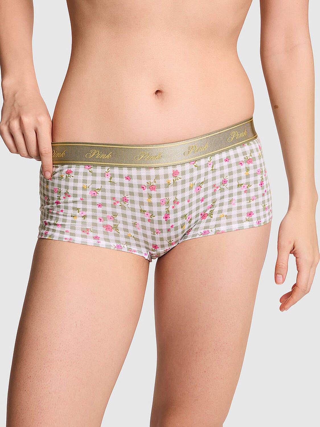 vs Pink Logo Cotton Boyshort Panty Slate Green Gingham Floral Print 1 of 3 