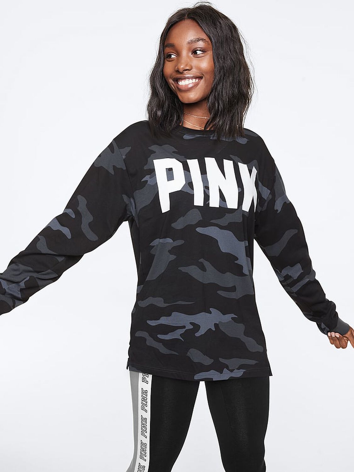 vs Pink Cotton Long-Sleeve Campus T-Shirt Grey Camo 1 of 1 