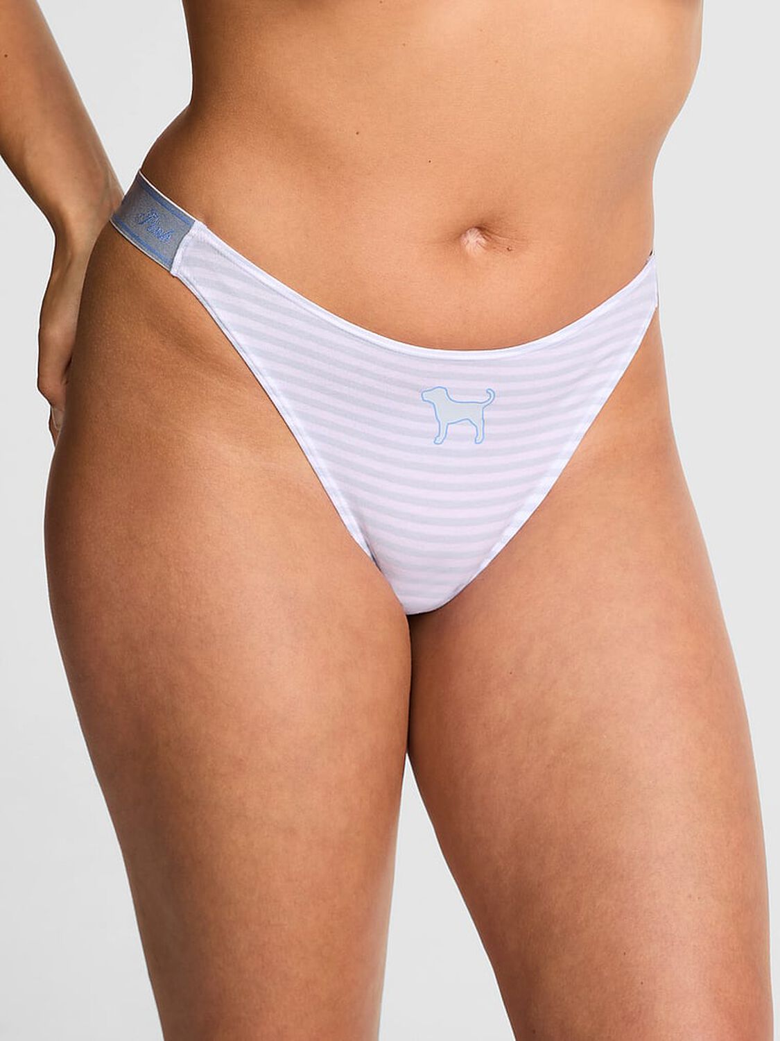 vs Pink Logo Cotton Shine High-Leg Thong Panty Hydrangea Blue Stripe Dog Graphic 1 of 3 