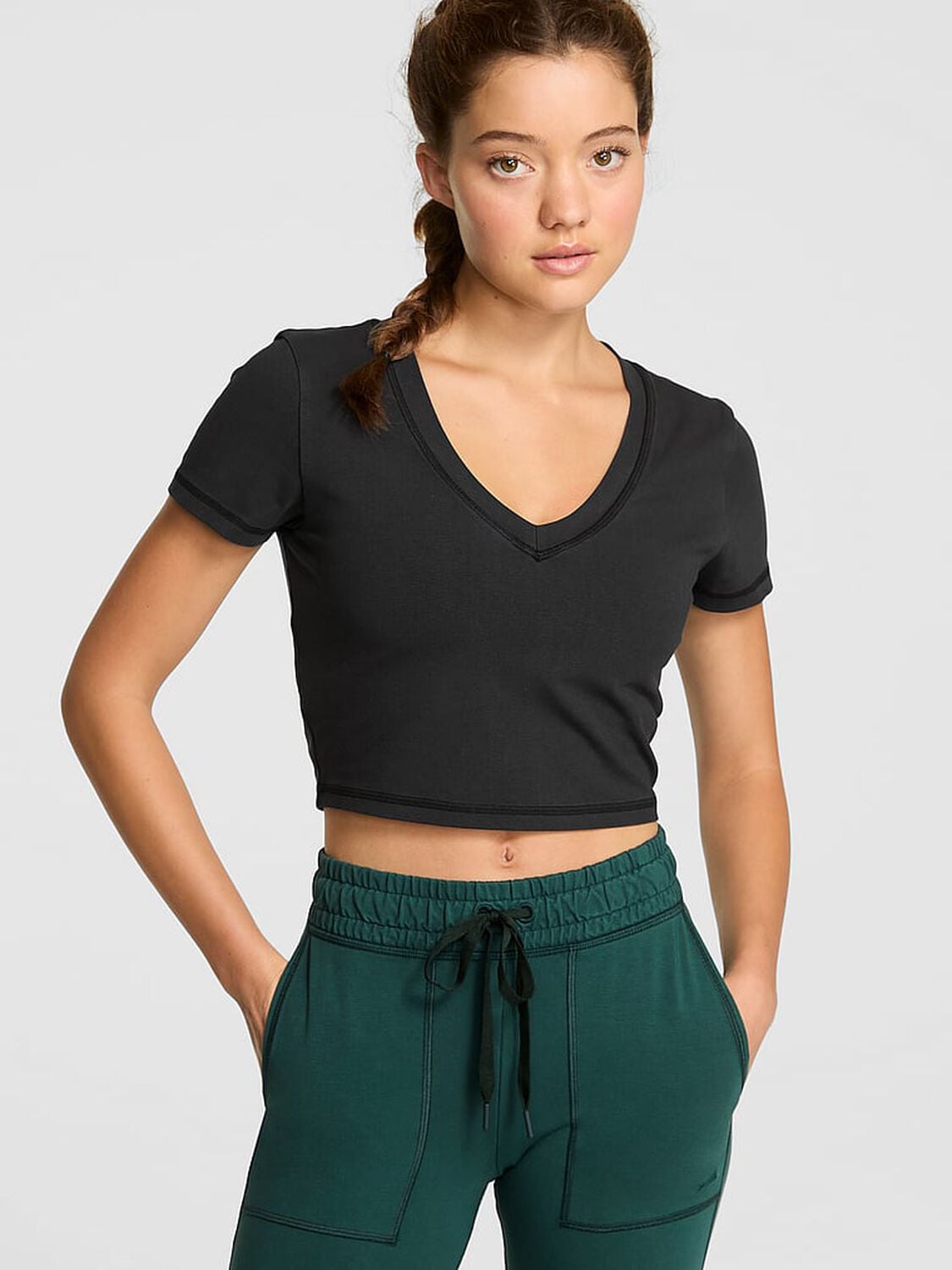 pink Pink All-Day Cotton V-Neck Cropped Tee Pure Black Wash 1 of 3 