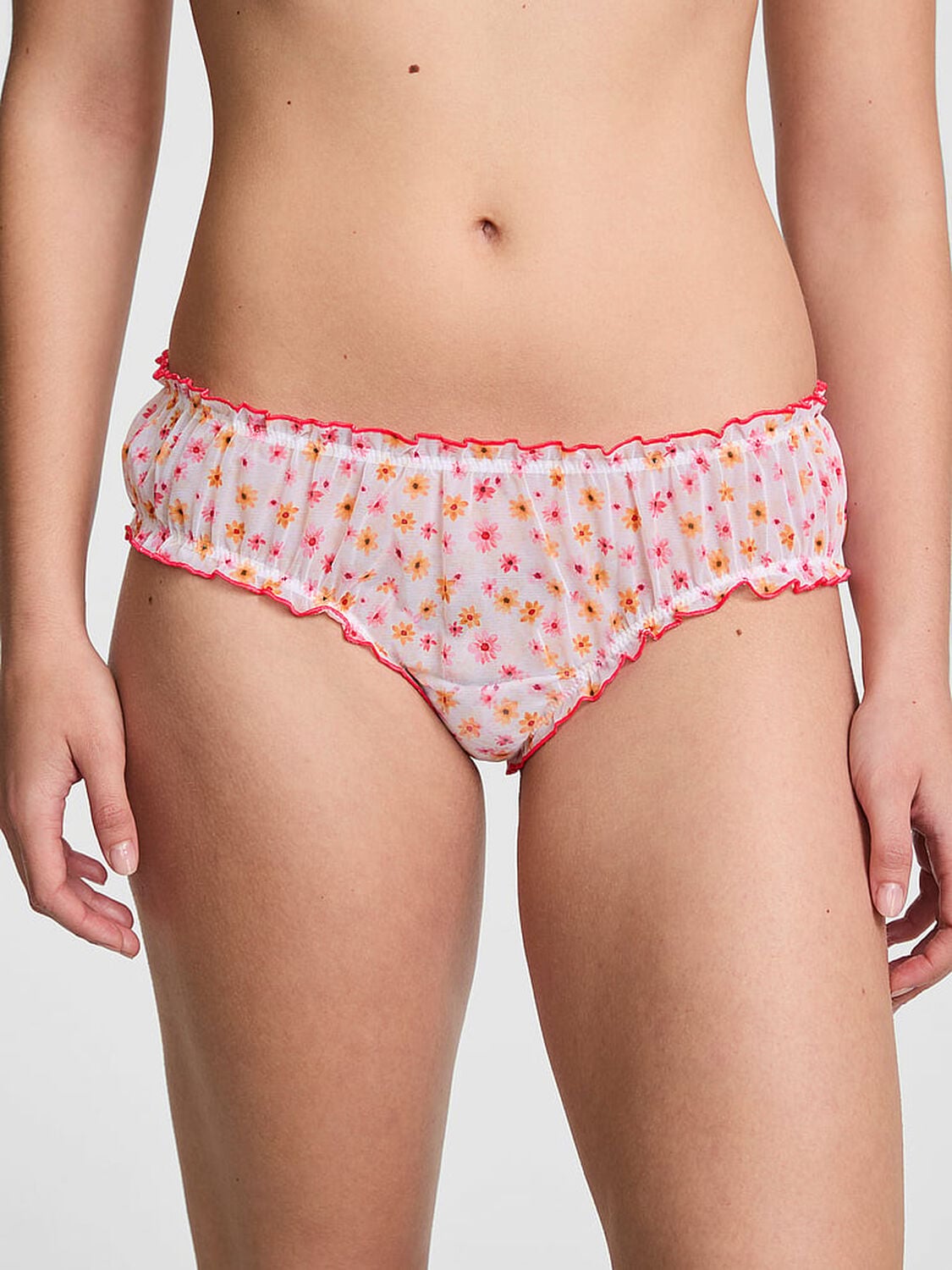 vs Pink PINK Wink&trade; Ruﬄe Cheeky Panty Vs White Floral Print 1 of 2 