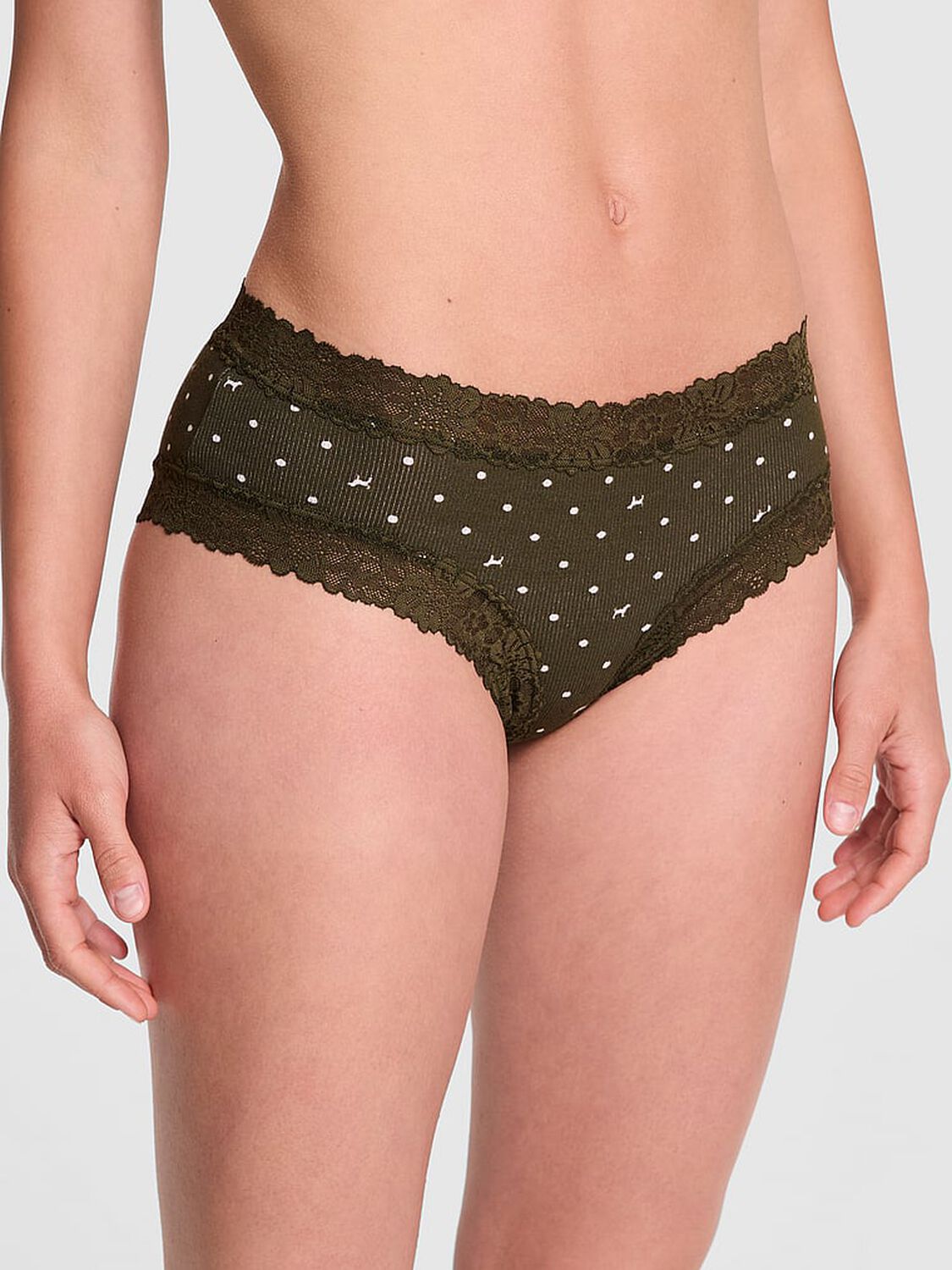 vs Pink Wink Lace-Trim Cheeky Panty Olive Dot Print 3 of 3 