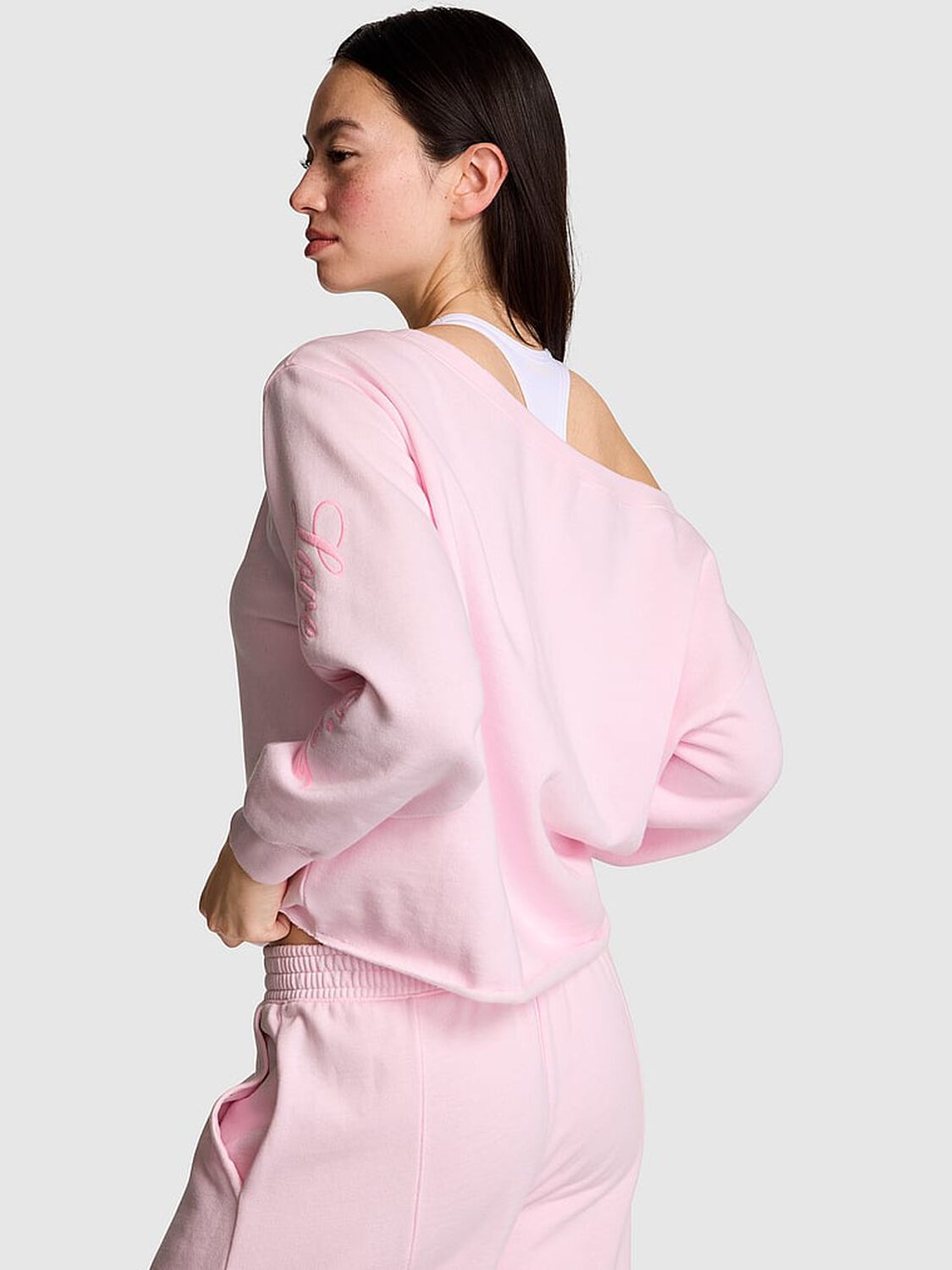 vs Pink Campus Fleece&trade; Rib Off-The-Shoulder Sweatshirt Pink Tulip Spring 2 of 2 