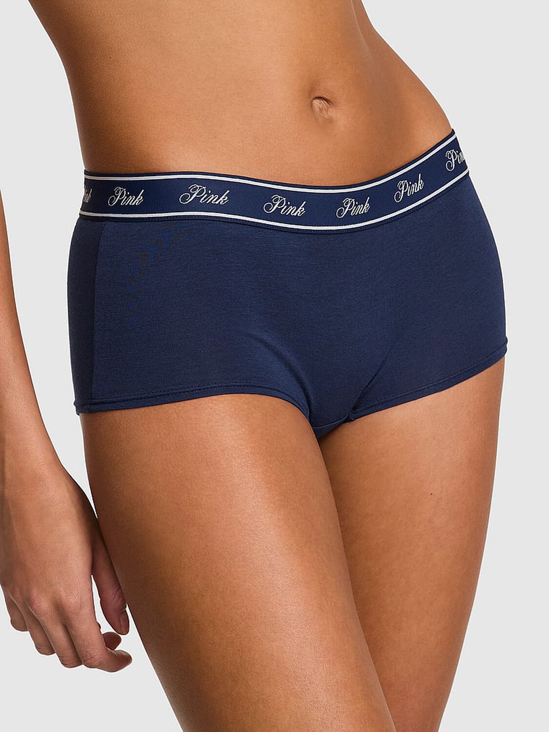 vs Pink Logo Cotton Shine Boyshort Panty Midnight Navy Pink Rink 1 of 3 