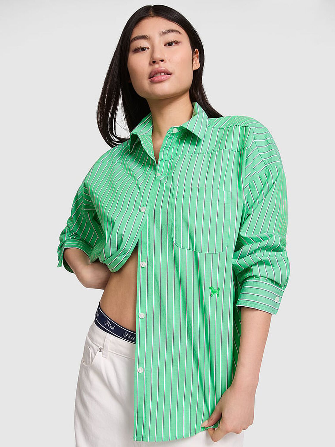 vs Pink Boyfriend Button-Down Sleepshirt Wild Green Stripes 1 of 4 