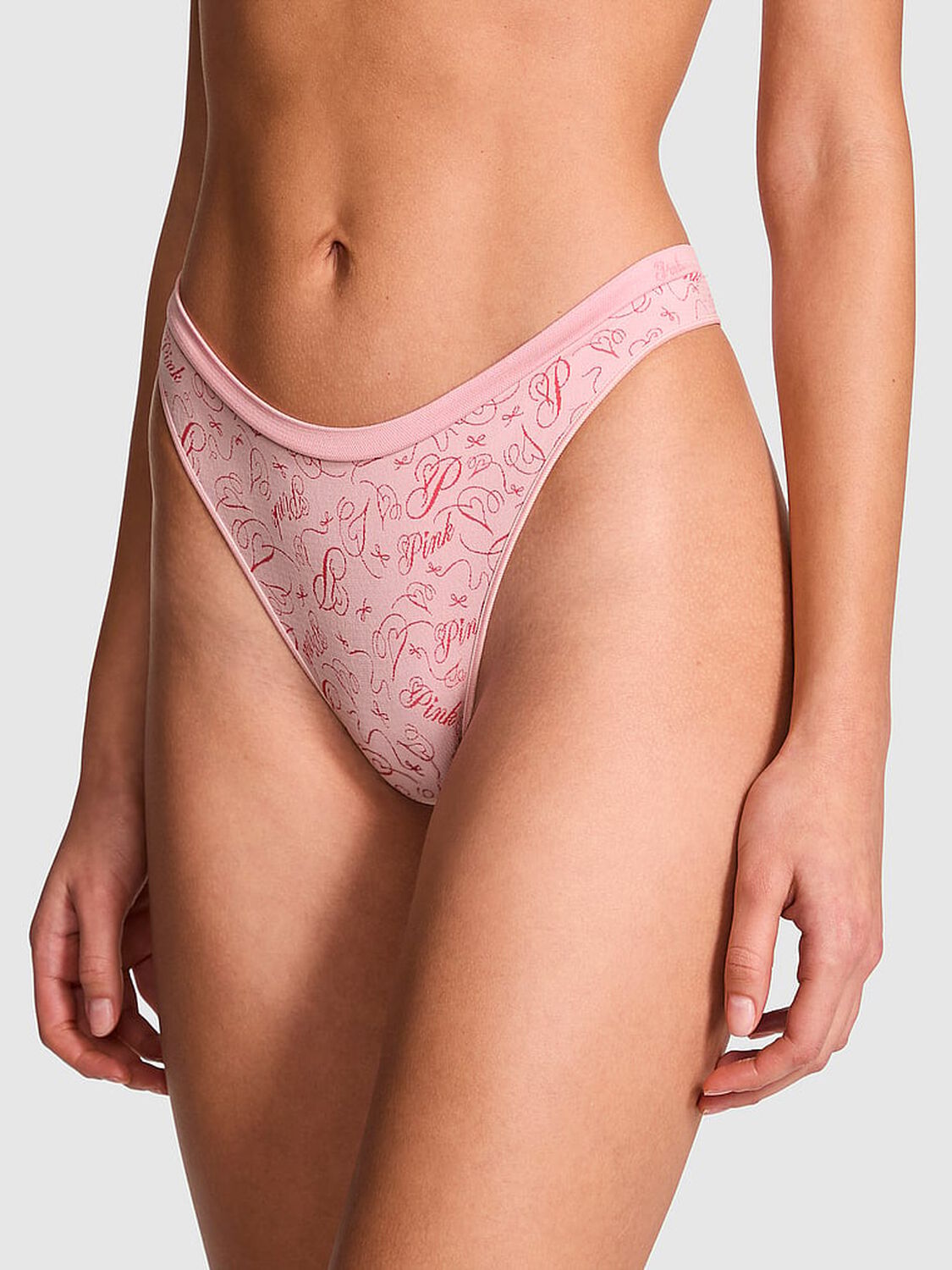 vs Pink Seamless High-Leg Thong Panty Angel Pink Love Script Print 1 of 2 