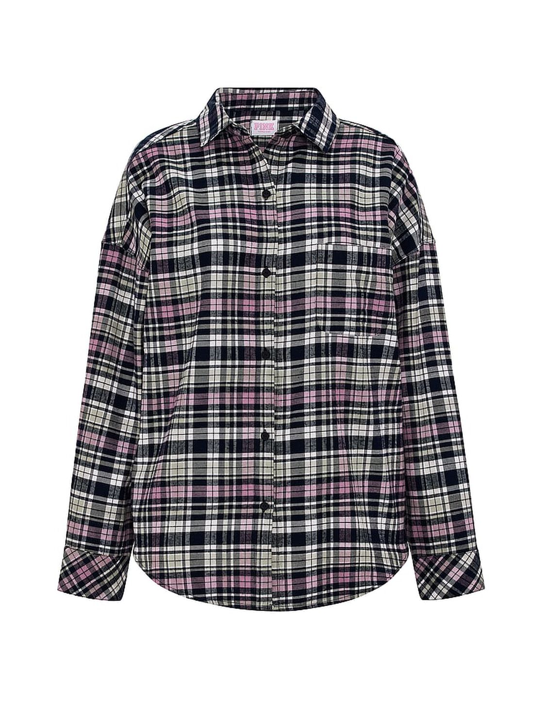 vs Pink 100% Cotton Favorite Flannel Button-Down Sleepshirt Woodland Green Plaid 3 of 4 