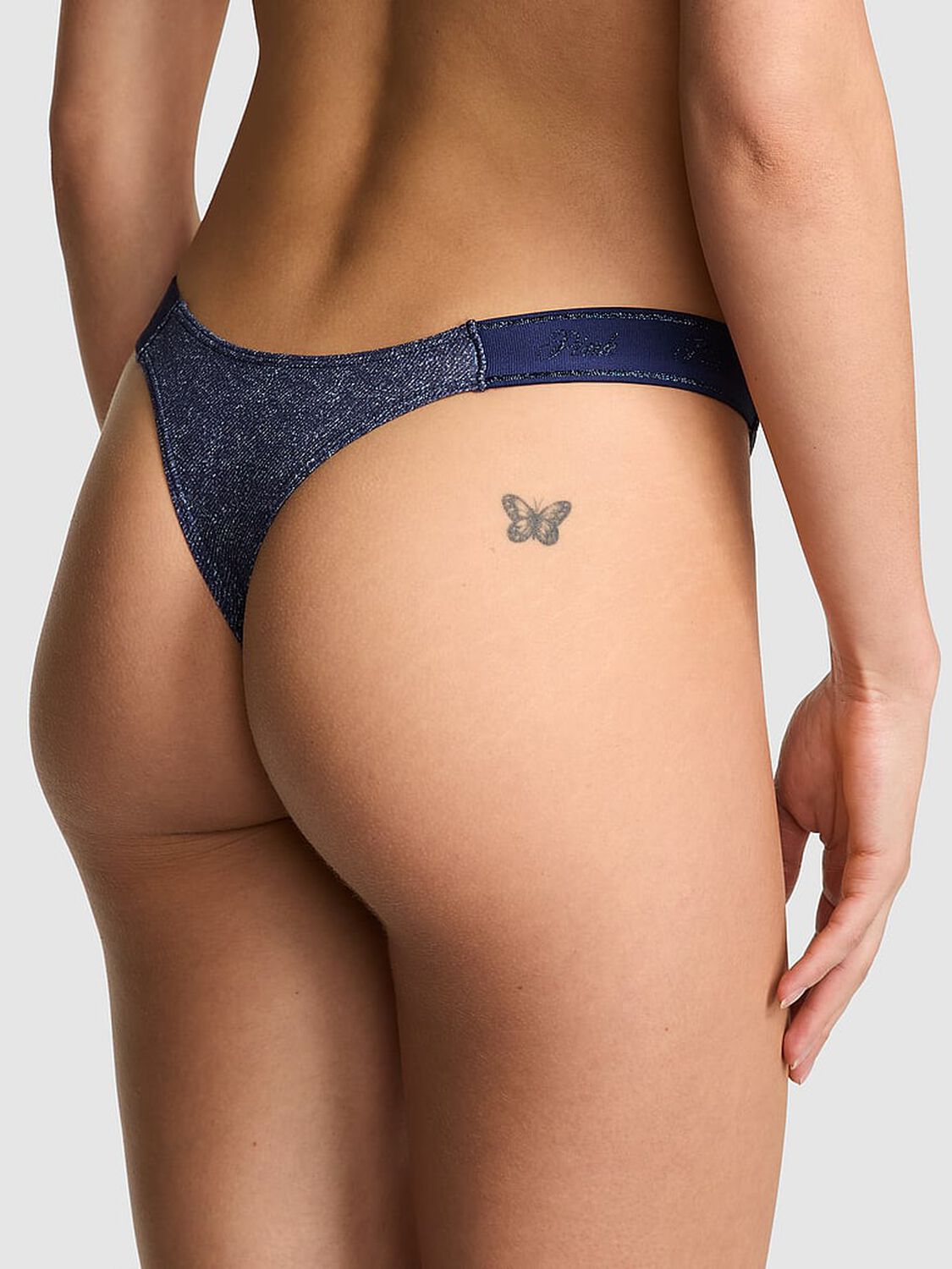 vs Pink Logo Cotton High-Leg Thong Panty Dark Blue Denim Wash 2 of 3 