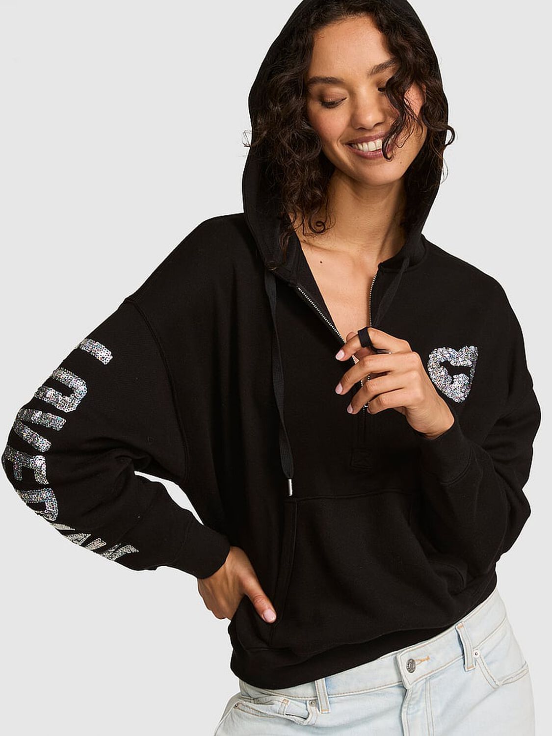 vs Pink Campus Fleece&trade; Half-Zip Hoodie Black 1 of 2 