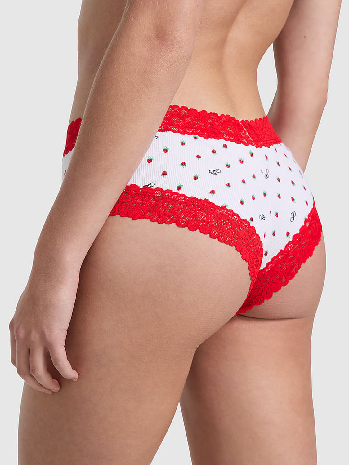 vs Pink Wink Lace-Trim Cheeky Panty Winter White P Script Strawberry Print 1 of 3 