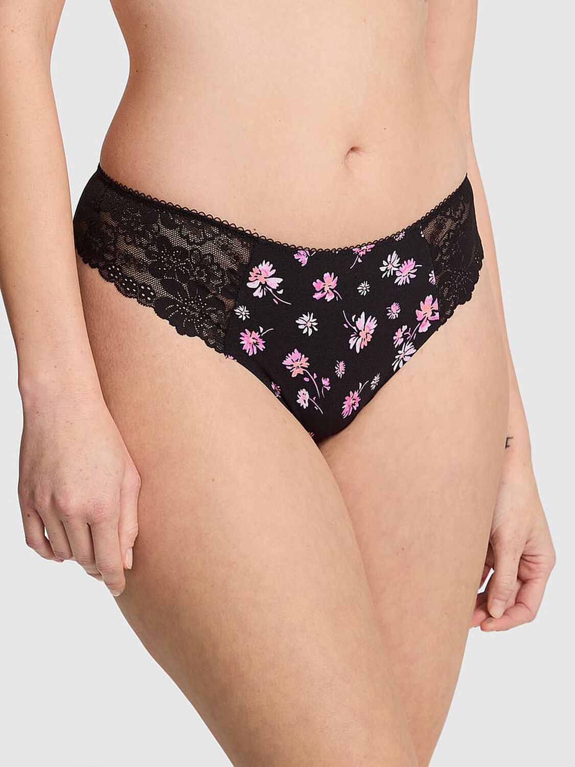 vs Pink No-Show Thong Panty Black Floral Print 1 of 3 
