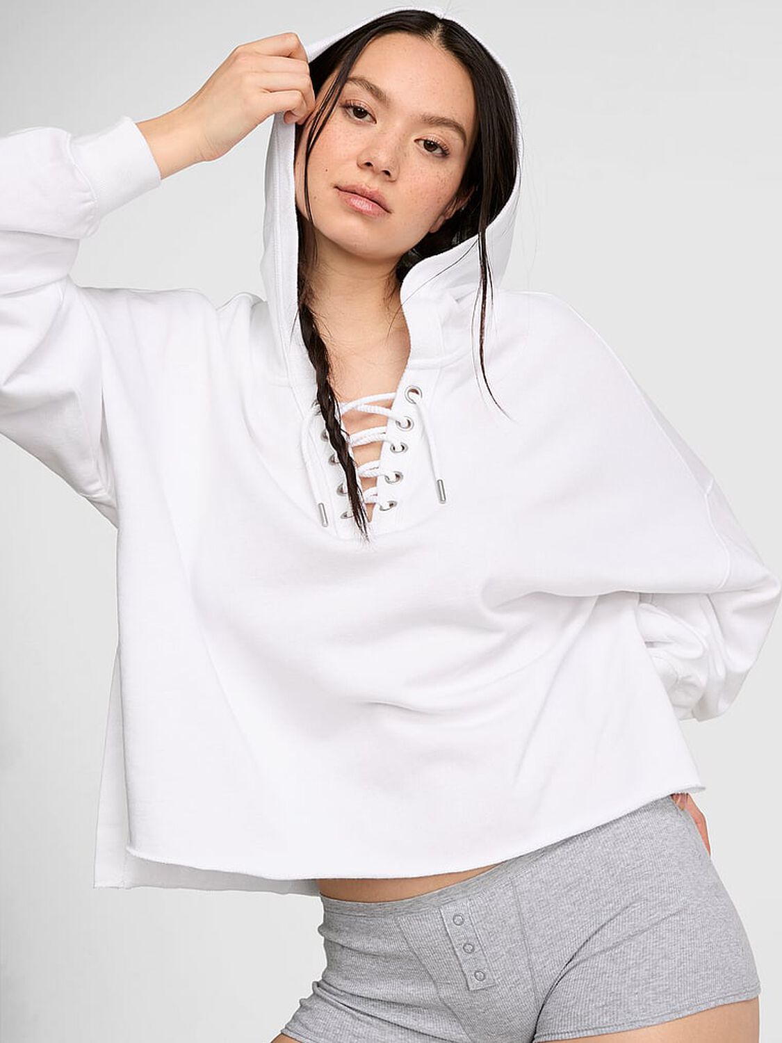 vs Pink Campus Terry&trade; Lace-Up Tunic Hoodie White 1 of 3 