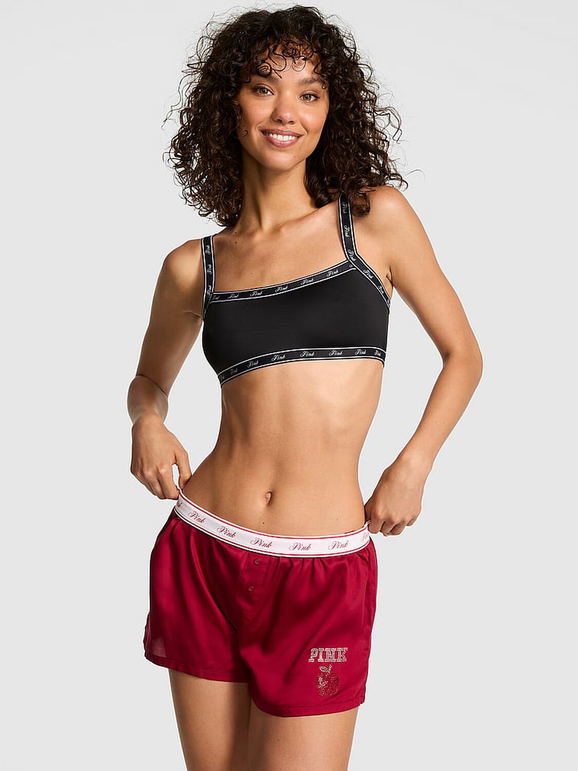 vs Pink Silky Sleep Boxy Pajama Shorts Red Lacquer W/ Apple Graphic 1 of 4 