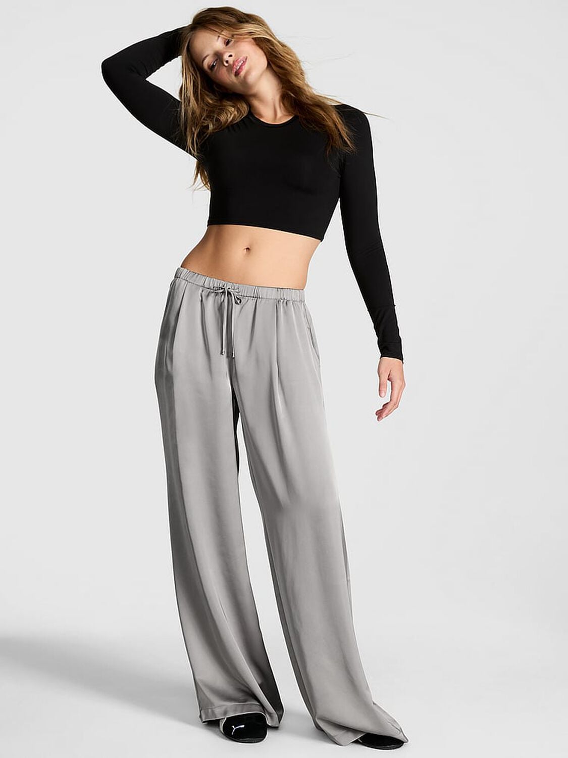 pink Pink Satin Pull-On Trouser Pants Silver Lining Grey 1 of 2 