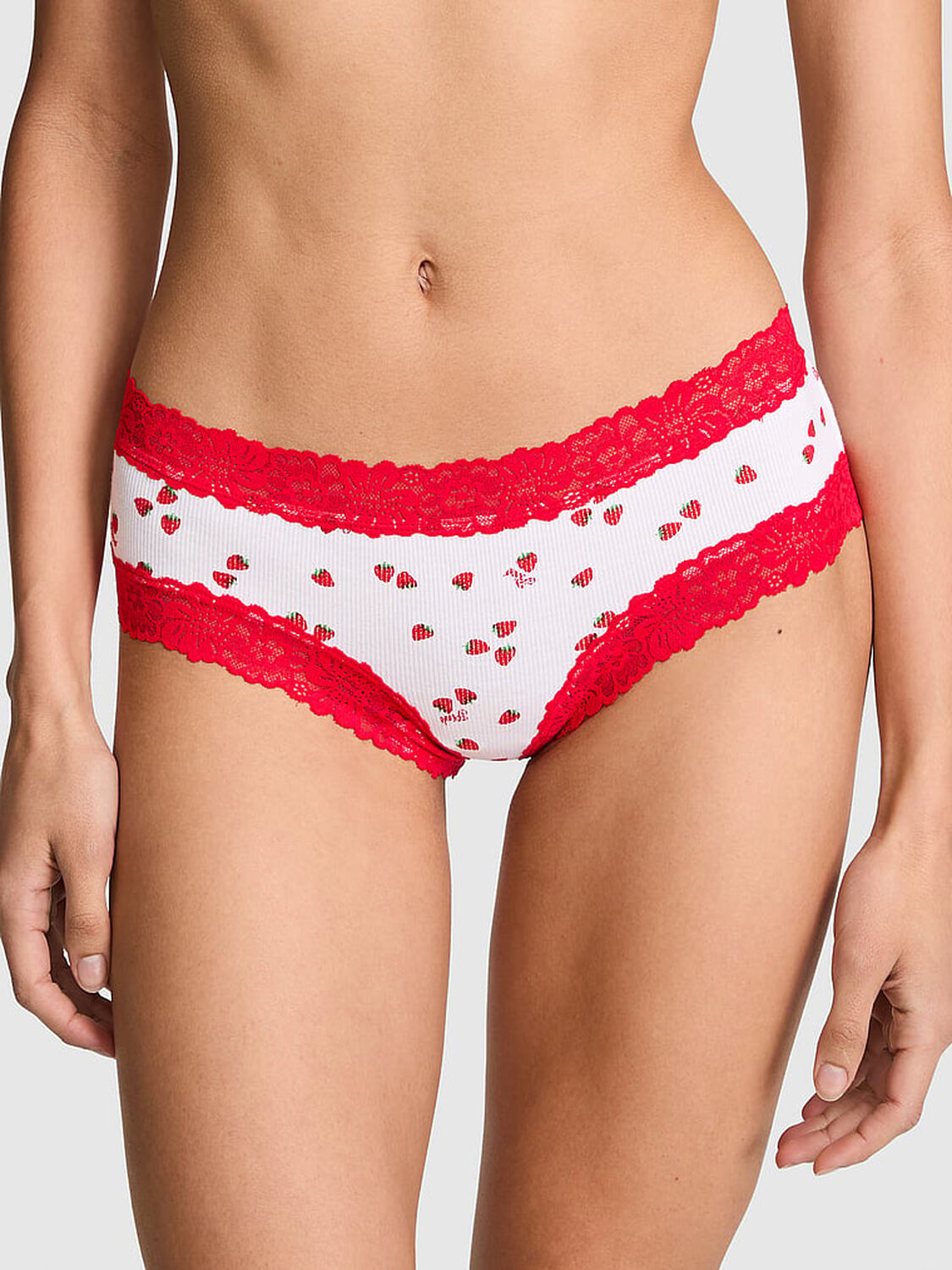 vs Pink PINK Wink&trade; Lace-Trim Cheeky Panty White Strawberry Print 1 of 3 