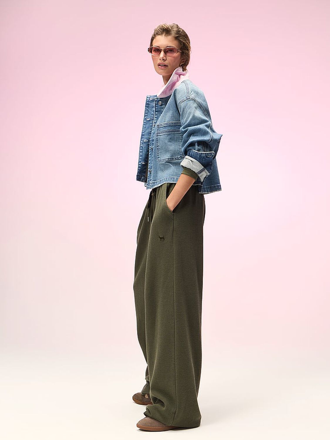 pink Pink Wondersoft Waﬄe-Knit Wide-Leg Pants Olive 4 of 4 