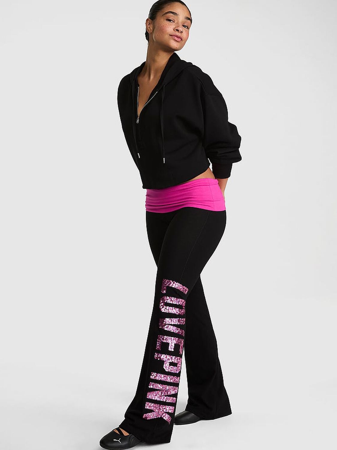 vs Pink All-Day Cotton&trade; Foldover Flare Leggings Pure Black And Pink Fire Sequins 1 of 3 