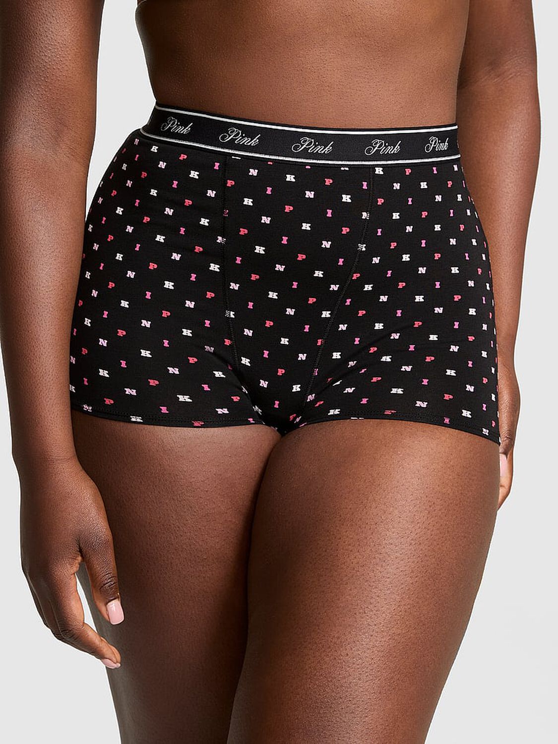vs Pink Logo Cotton High-Waist Boyshort Panty Black Block P I N K Print 1 of 3 