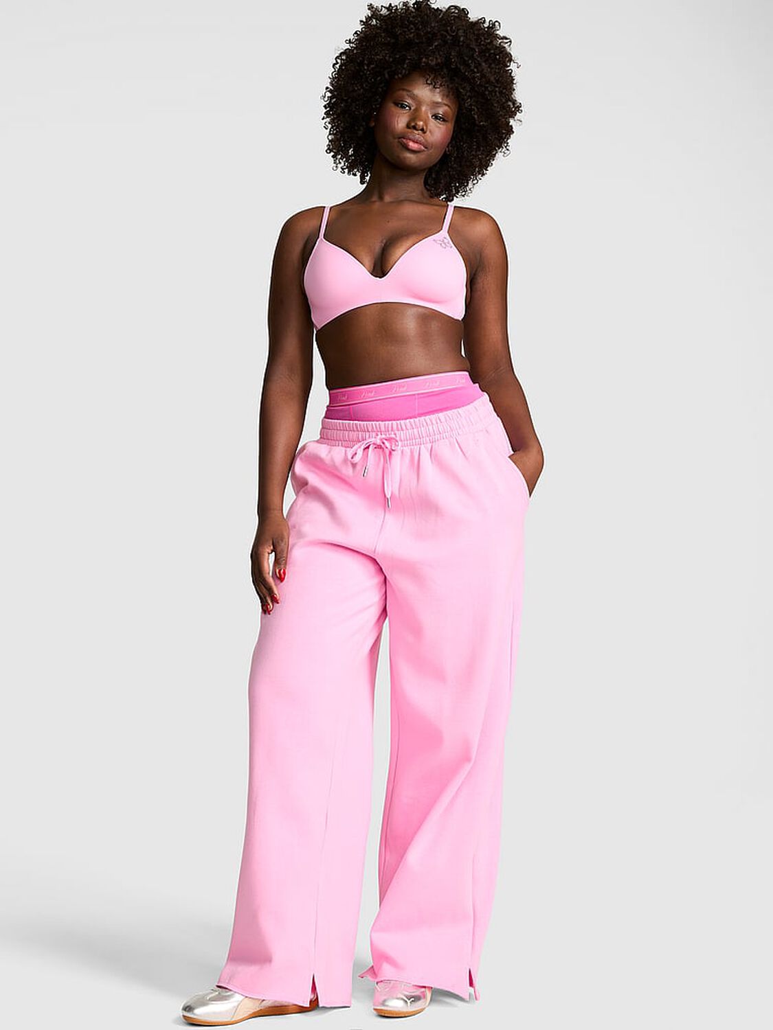 vs Pink Campus Fleece&trade; Wide-Leg Split-Hem Sweatpants Pink Lollipop Shine 1 of 3 