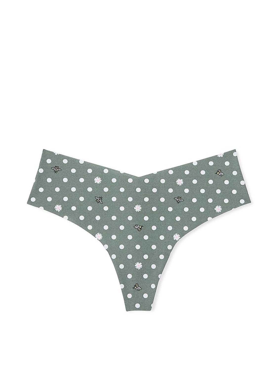 vs Pink No-Show Thong Panty Faded Sage Dot Bee Print 1 of 2 
