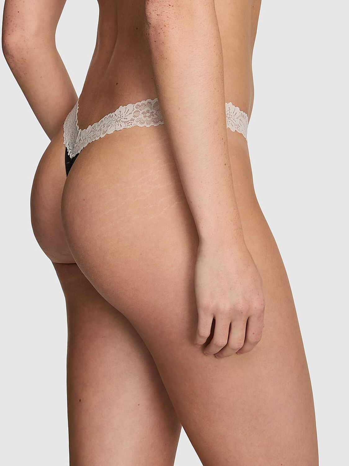 vs Pink Cotton Lace-Trim Thong Panty Charcoal Heather Grey 2 of 2 