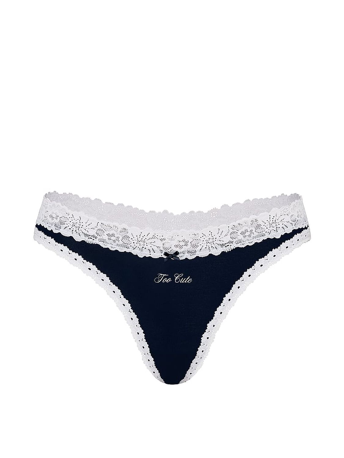 vs Pink Cotton Lace-Trim High-Leg Thong Panty Noir Navy With White Lace And Too Cute Graphic 3 of 3 