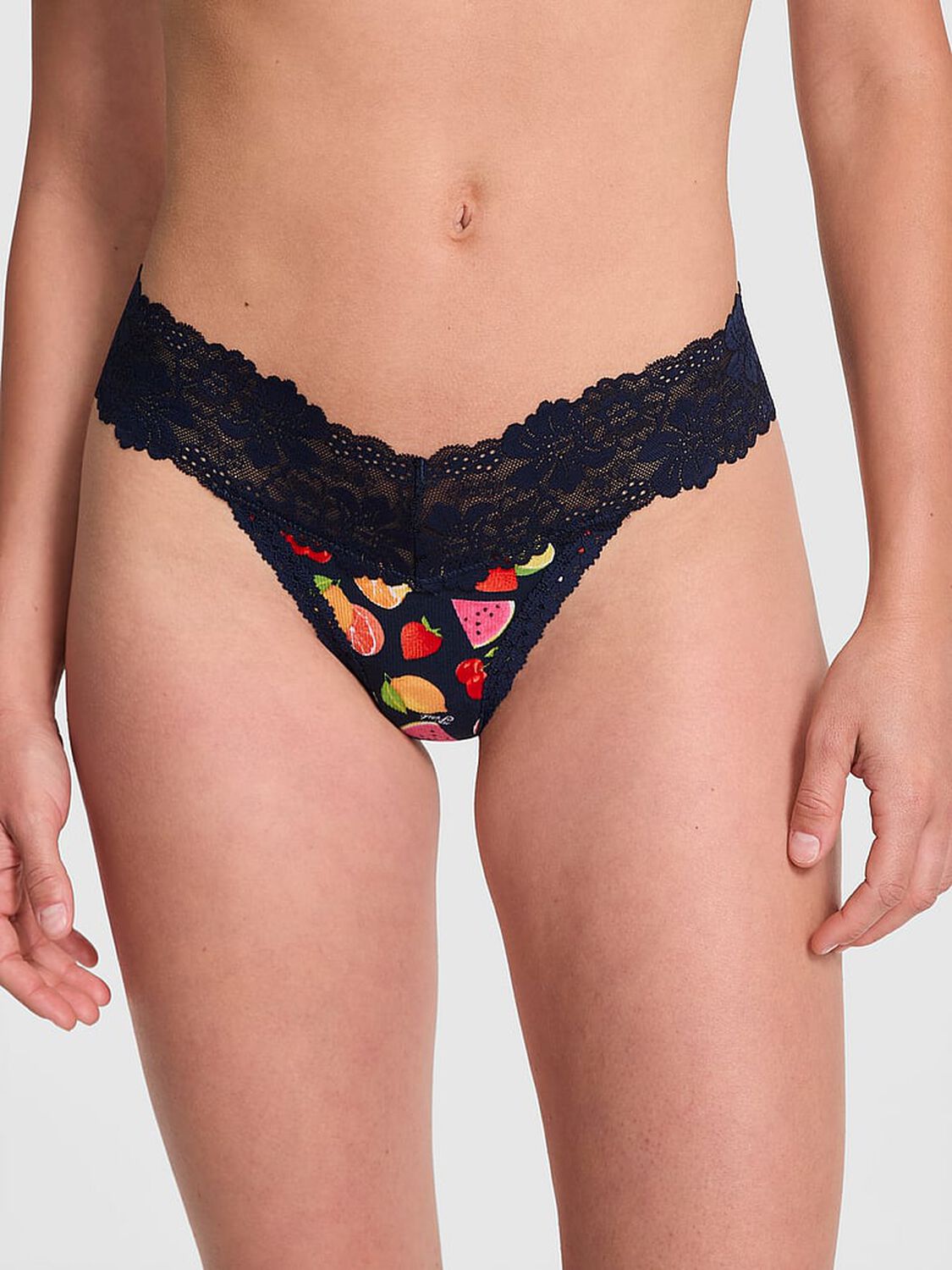 vs Pink Wink Lace-Trim Thong Panty Noir Navy Fruit Print 3 of 3 