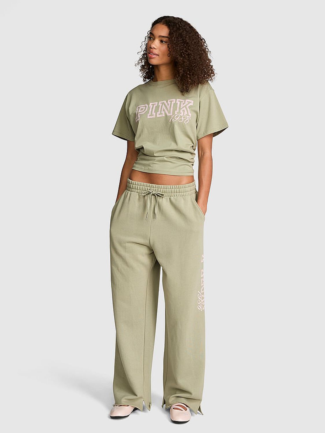 vs Pink Campus Fleece&trade; Wide-Leg Split-Hem Sweatpants Slate Green 1 of 2 