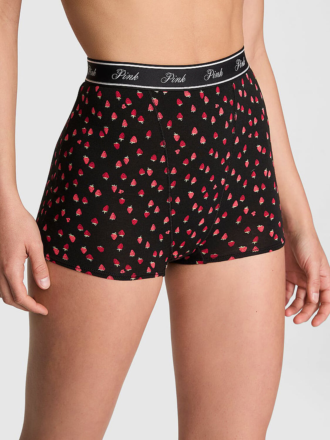 vs Pink Logo Cotton High-Waist Boyshort Panty Black Strawberry Print 1 of 3 