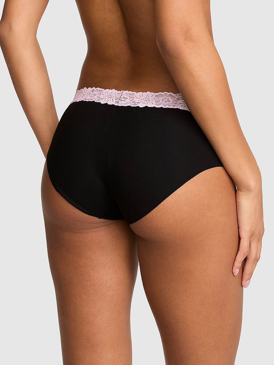 vs Pink No-Show Cotton Hiphugger Panty Black W/ Pink Tulip Lace Trim 2 of 3 