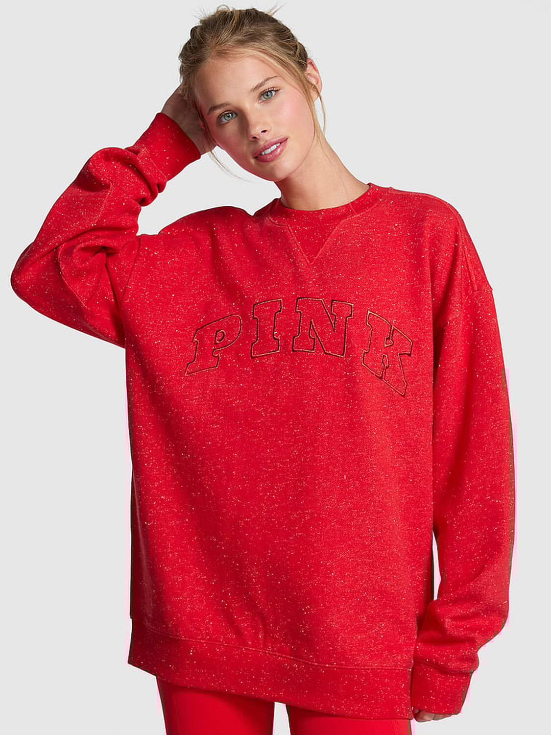 vs Pink Ivy Fleece Oversized Crew Sweatshirt Heathered Bright Vermillion Woven Shine 1 of 2 