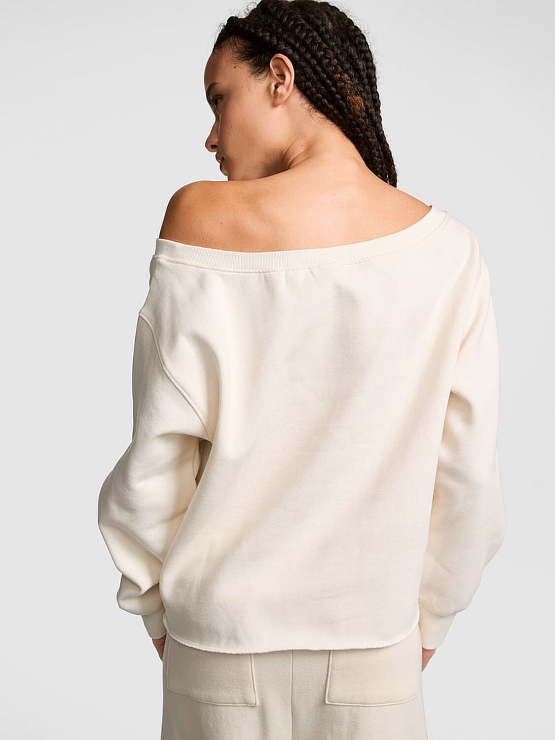 vs Pink Campus Fleece&trade; Rib Off-The-Shoulder Sweatshirt Winter White 2 of 4 