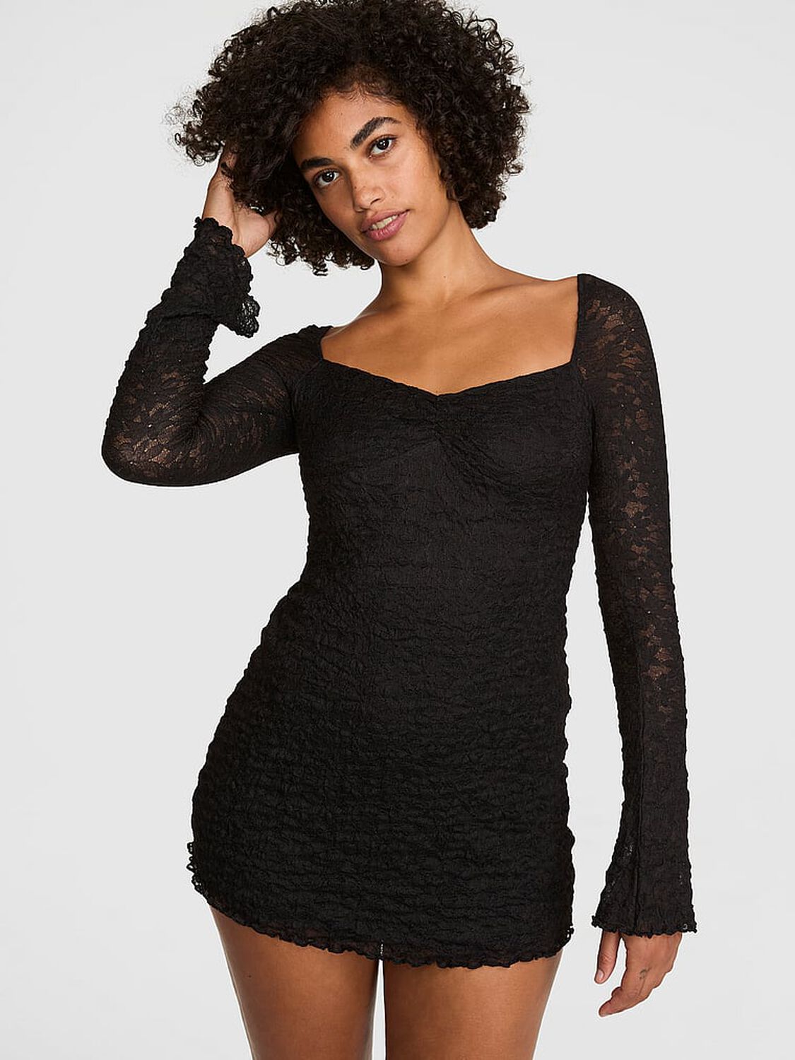 vs Pink Lace Square-Neck Long-Sleeve Mini Dress Black 1 of 3 
