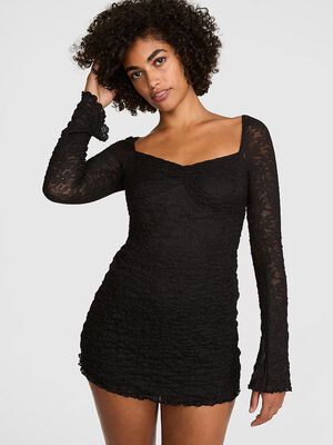 Lace Square-Neck Long-Sleeve Mini Dress