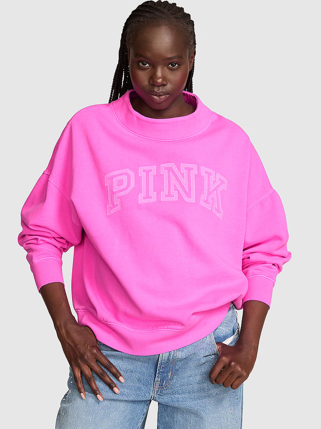 vs Pink Campus Fleece&trade; Oversized Mock-Neck Sweatshirt Pink Berry 1 of 3 