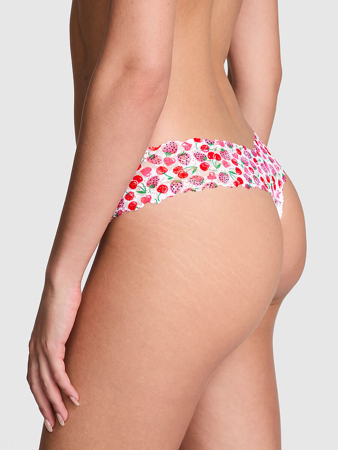 vs Pink Wink Lace Thong Panty White Cherry Heart Print 2 of 3 