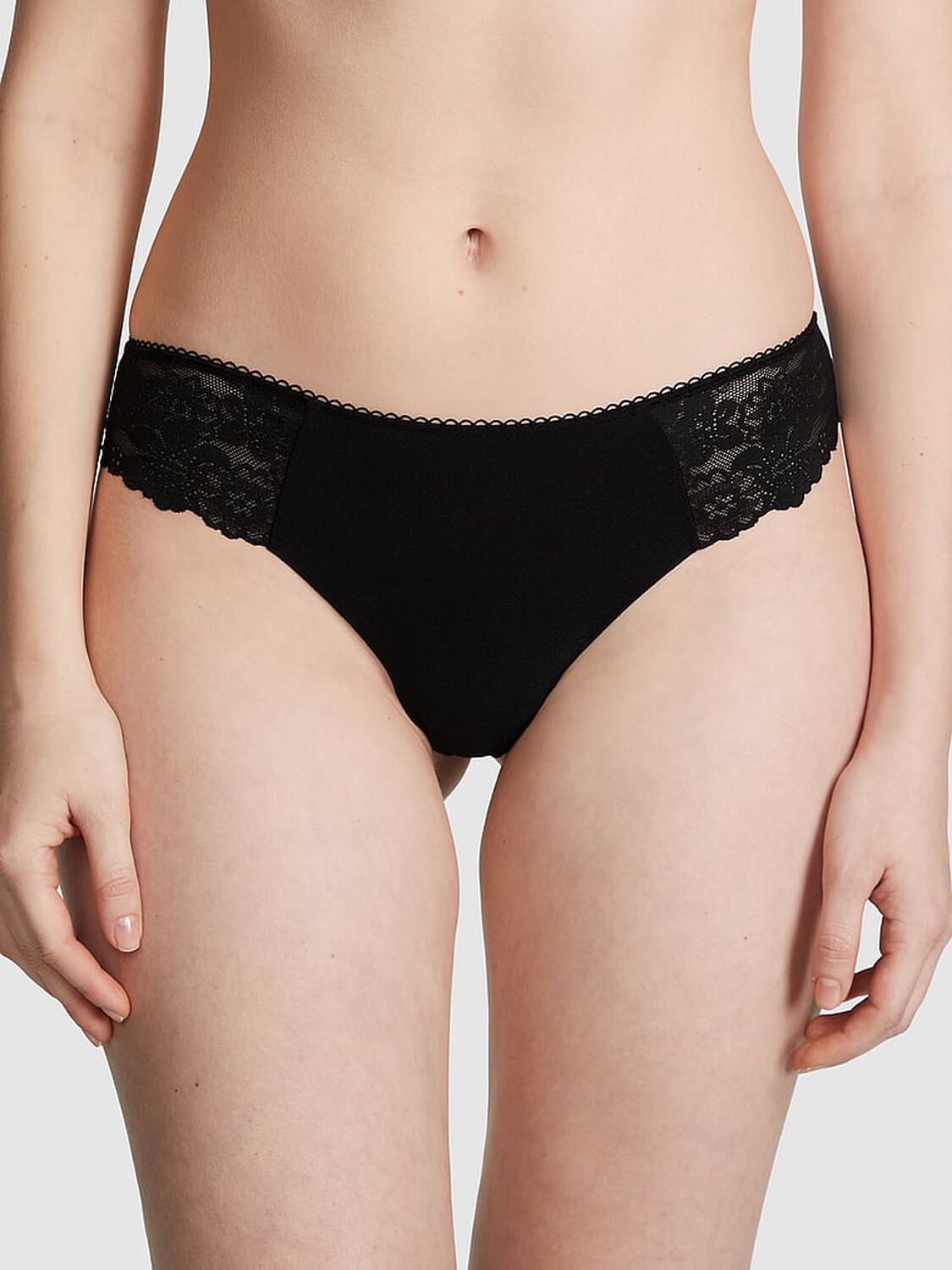 vs Pink No-Show Thong Panty Pure Black Lace Trim 1 of 3 